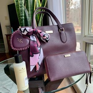 Maroon, Kate Spade purse, wallet in keychain